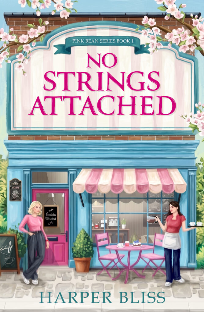 No Strings Attached by Harper Bliss – Pink Bean Series Book 1 featuring a cozy café storefront with two women outside