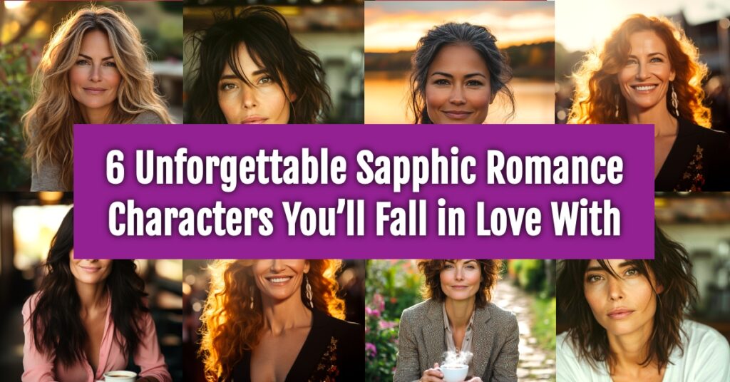 Collage of six diverse and captivating women with a banner in the center reading '6 Unforgettable Sapphic Romance Characters You’ll Fall in Love With.' Each woman has a unique appearance and warm, inviting expressions, set against vibrant backgrounds of sunsets, cozy interiors, and lush greenery.