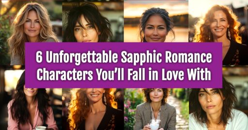 Collage of six diverse and captivating women with a banner in the center reading '6 Unforgettable Sapphic Romance Characters You’ll Fall in Love With.' Each woman has a unique appearance and warm, inviting expressions, set against vibrant backgrounds of sunsets, cozy interiors, and lush greenery.