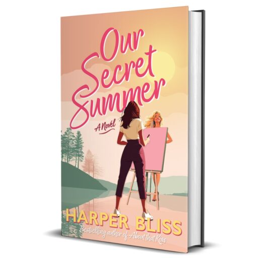 Cover of Our Secret Summer by Harper Bliss – A sapphic age-gap romance featuring a woman painting another woman by a lakeside at sunset