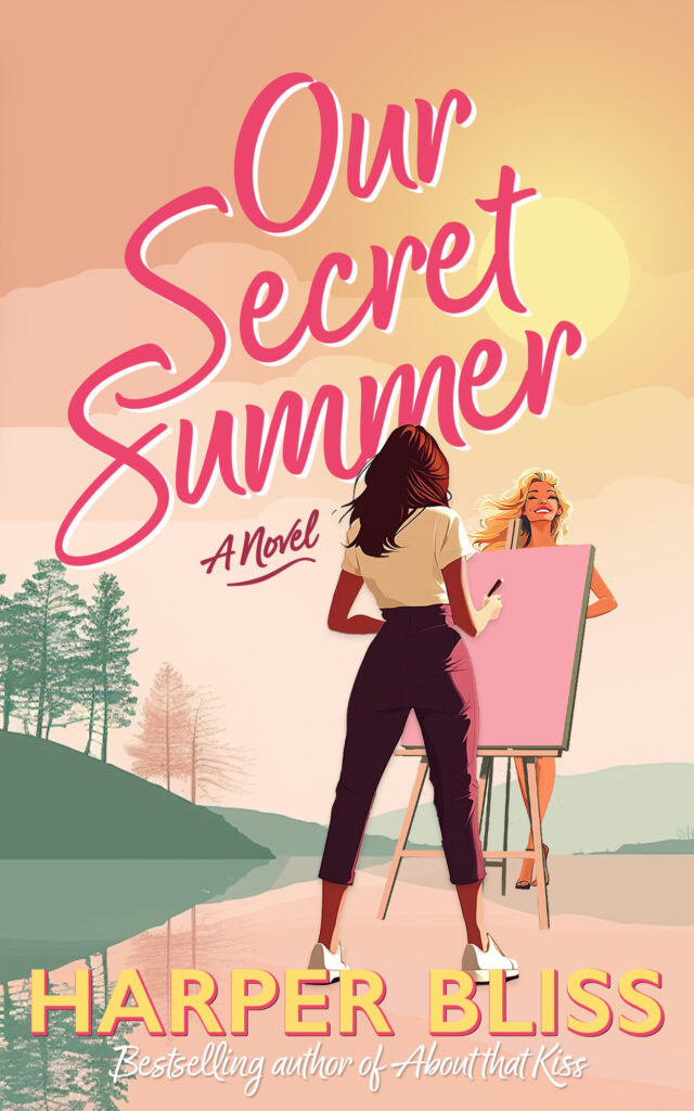 Cover of Our Secret Summer by Harper Bliss – A sapphic age-gap romance featuring a woman painting another woman by a lakeside at sunset