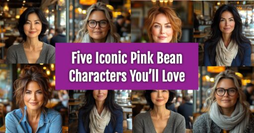Collage of diverse women in a cozy café setting with the title "Five Iconic Pink Bean Characters You’ll Love" in bold purple text.
