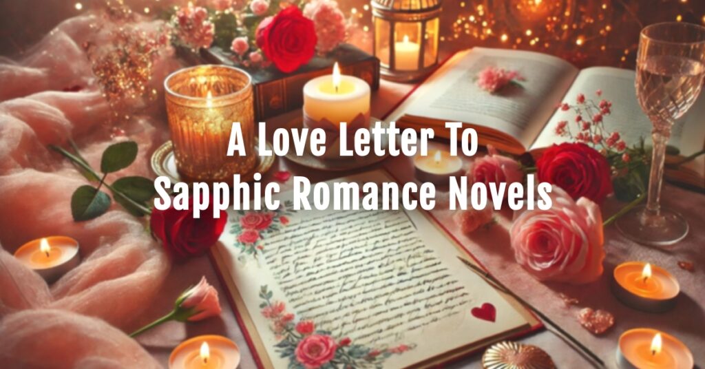 A romantic composition featuring a handwritten love letter surrounded by glowing candles, pink and red roses, and open books, creating a cozy Valentine’s Day vibe. The text overlay reads: 'A Love Letter to Sapphic Romance Novels.
