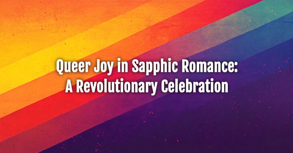 A vibrant gradient background of rainbow colors with a subtle texture, symbolizing LGBTQ+ pride. White overlaid text reads: 'Queer Joy in Sapphic Romance: A Revolutionary Celebration.' The design radiates positivity and inclusivity.