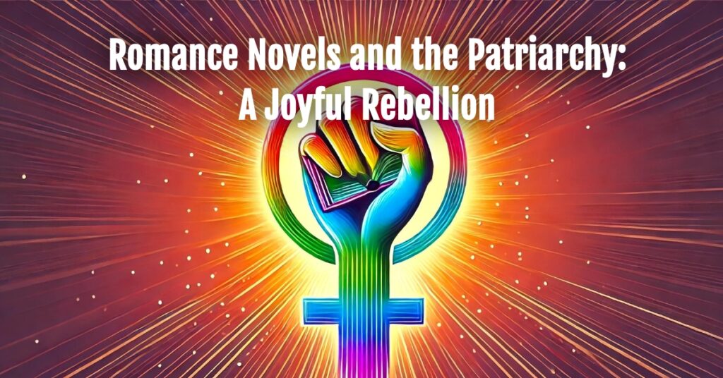 Vibrant illustration of a rainbow-colored raised fist holding a book, symbolizing feminism and empowerment, with rays of light emanating outward. Text overlay reads: 'Romance Novels and the Patriarchy: A Joyful Rebellion.