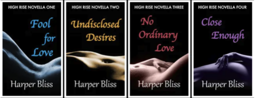 Composite image of the original covers for the High Rise novella series by Harper Bliss, featuring Fool for Love, Undisclosed Desires, No Ordinary Love, and Close Enough.