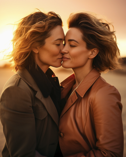 Two women sharing an intimate moment at sunset, representing a sapphic romance book with no subtext—just real, visible love