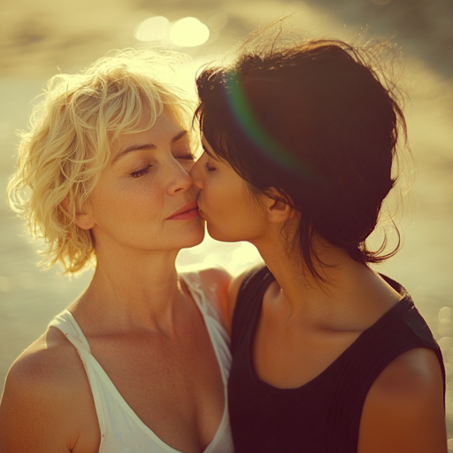Romantic moment between two women by the sea, symbolizing forbidden sapphic love and age-gap romance.