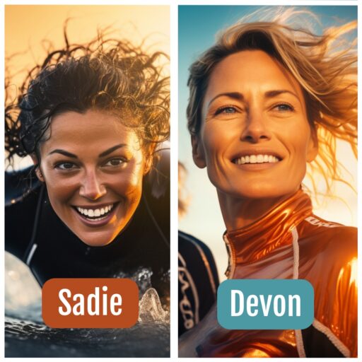 Side-by-side character visuals of Sadie and Devon from “And Then She Kissed Me” by Harper Bliss—Sadie in the surf, smiling with wet hair; Devon in a metallic wetsuit, glowing in golden light.