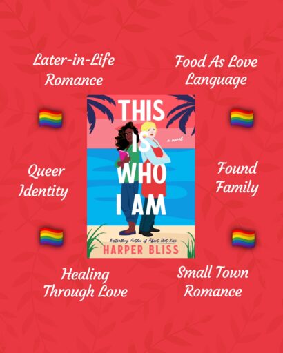 Promotional graphic for This Is Who I Am by Harper Bliss. The book cover is centered on a red background with subtle leaf patterns. Surrounding the cover are tropes featured in the book: Later-in-Life Romance, Food As Love Language, Queer Identity, Found Family, Healing Through Love, and Small Town Romance. Small rainbow pride flags appear next to each trope.