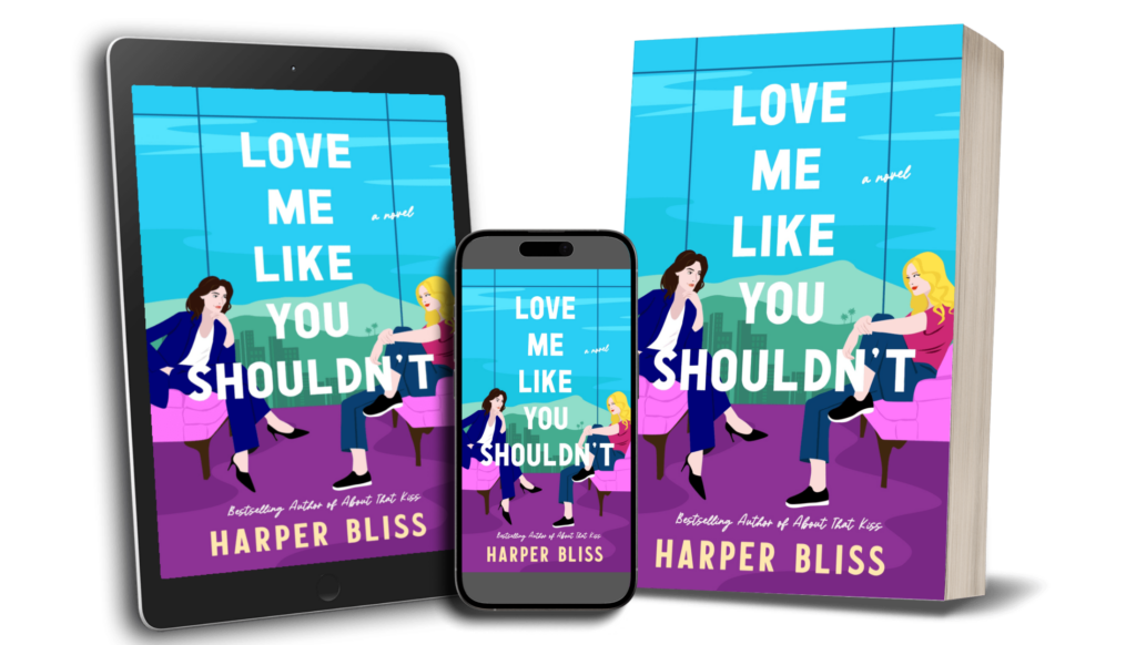 A composite of the cover of Love Me Like You Shouldn't on a tablet, an phone and a print book.