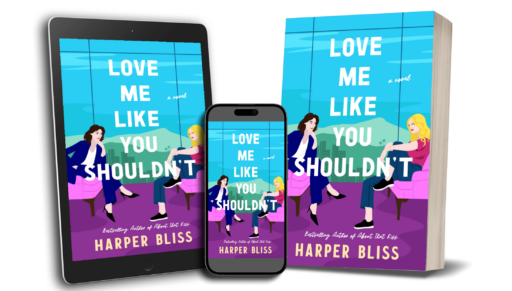 A composite of the cover of Love Me Like You Shouldn't on a tablet, an phone and a print book.