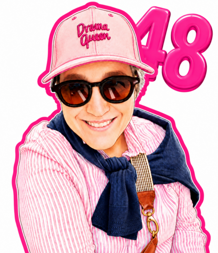 Harper Bliss wearing sunglasses and a pink Drama Queen cap with a large pink 48 behind her.