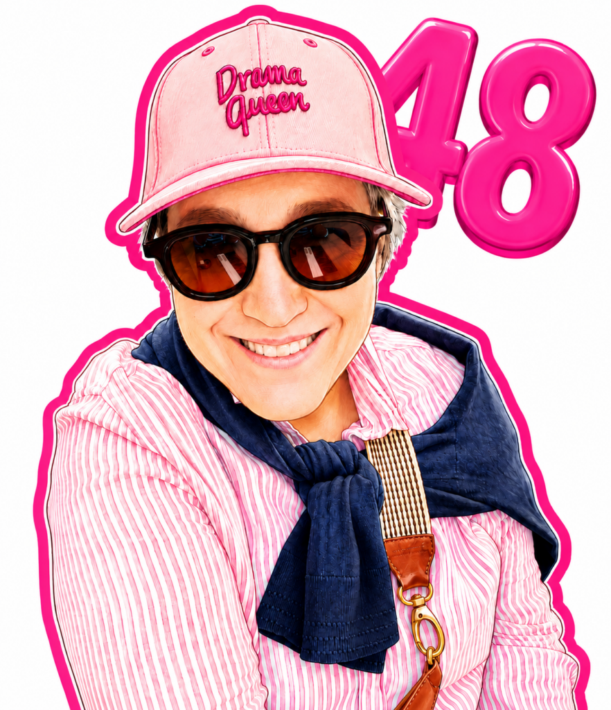 Harper Bliss wearing sunglasses and a pink Drama Queen cap with a large pink 48 behind her.