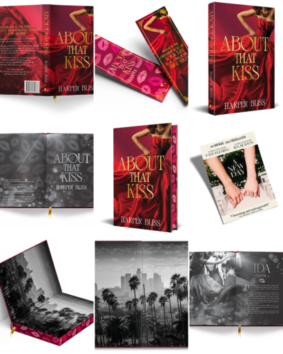 Collage showing the About That Kiss Deluxe Edition hardcover, bookmark, sprayed edges, endpapers, and exclusive bonus pages