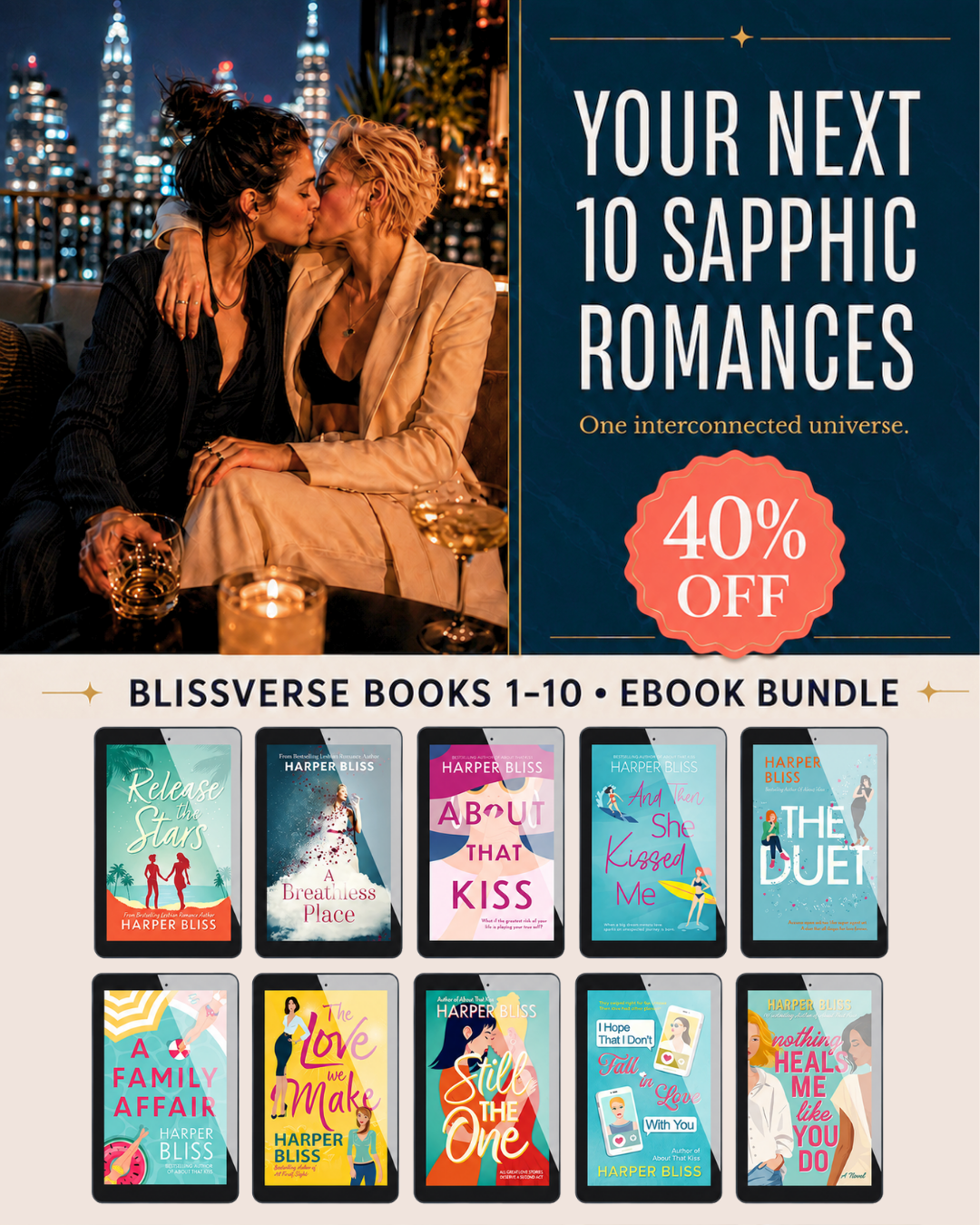 BlissVerse books 1–10 ebook bundle by Harper Bliss, featuring ten sapphic romances at 40% off.